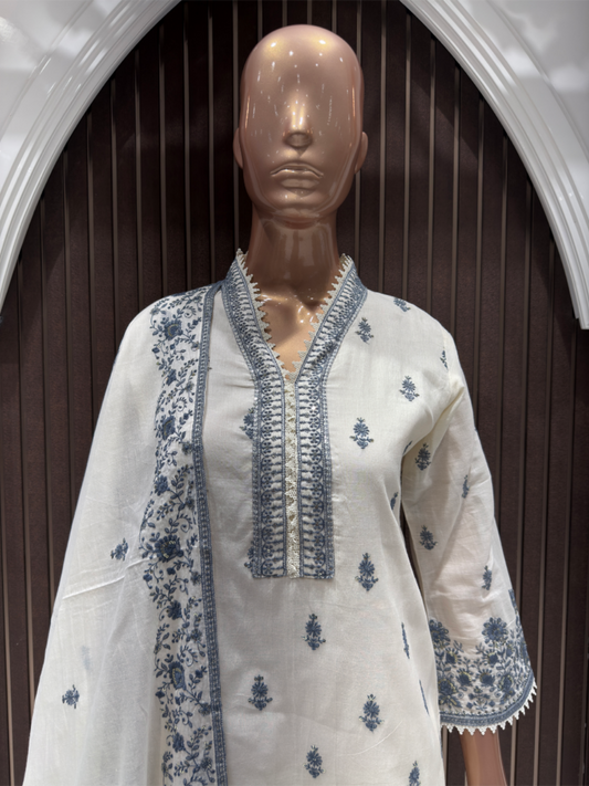 Elegant Off-White Mull Cotton Suit with Indigo Block Print Detailing