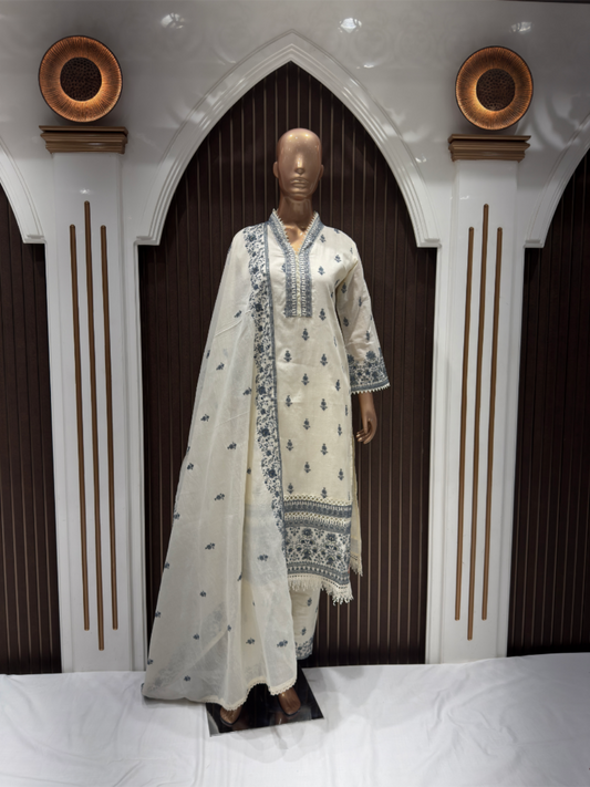 Elegant Off-White Mull Cotton Suit with Indigo Block Print Detailing