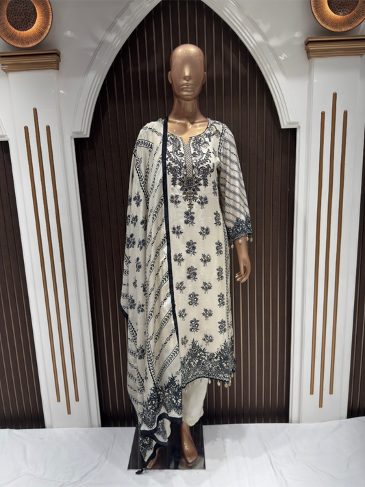 Graceful Black & White Floral Printed Crape Pant Suit with Dupatta