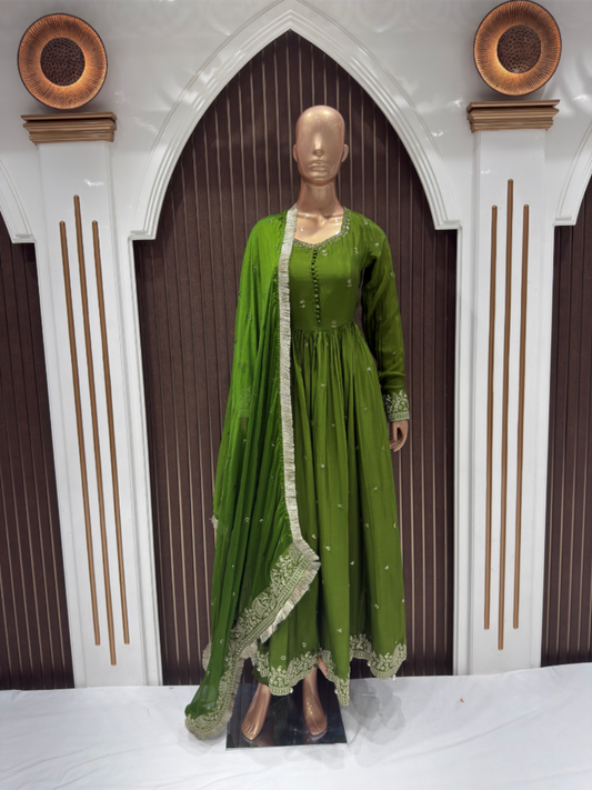 Elegant Green Embroidered Chinnon Anarkali Suit with Dupatta