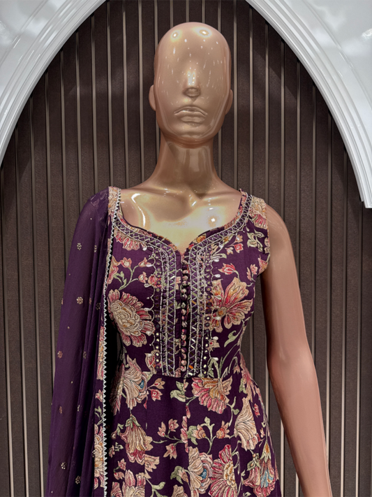 Elegant Floral Printed Riyon Anarkali Suit Set with Dupatta