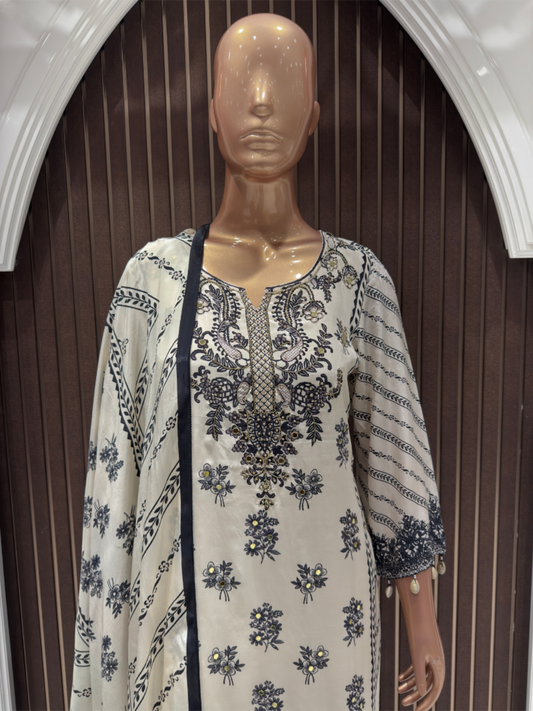 Graceful Black & White Floral Printed Crape Pant Suit with Dupatta
