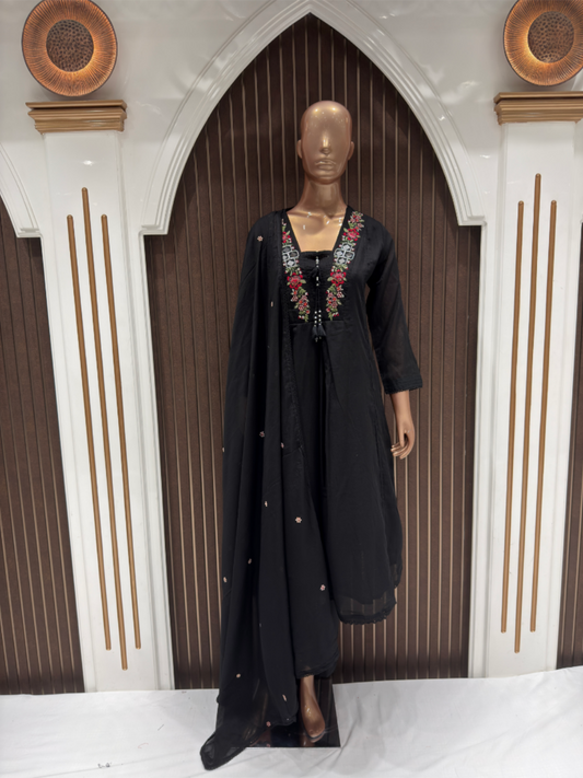 Chic Black Embroidered Mull Cotton Anarkali Suit with Dupatta