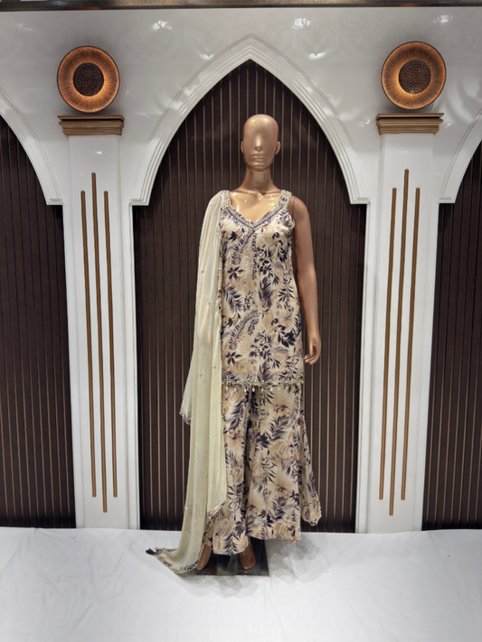 Elegant Floral Chinnon Sharara Suit with Dupatta