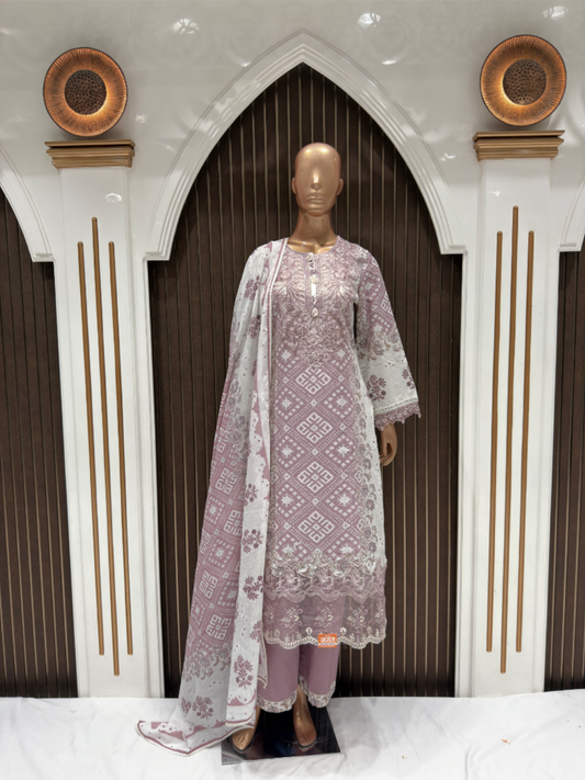 Graceful Mauve Embroidered Cotton Suit Set with Printed Dupatta