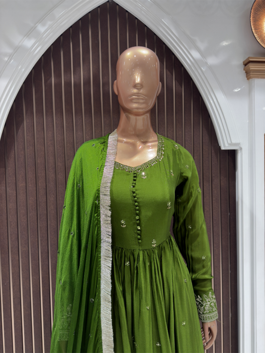 Elegant Green Embroidered Chinnon Anarkali Suit with Dupatta