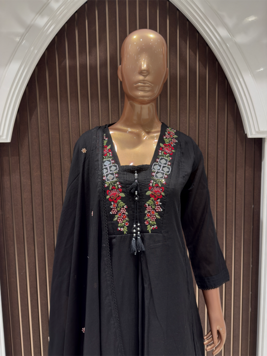 Chic Black Embroidered Mull Cotton Anarkali Suit with Dupatta