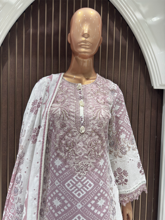 Graceful Mauve Embroidered Cotton Suit Set with Printed Dupatta