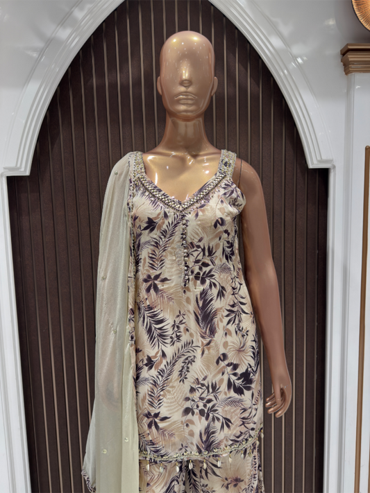 Elegant Floral Chinnon Sharara Suit with Dupatta